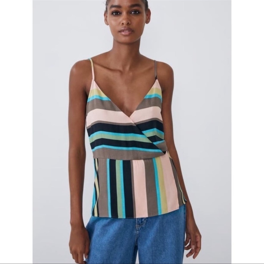 NWT Zara Striped Wrap Peplum Open Back Cami Top XS⁠